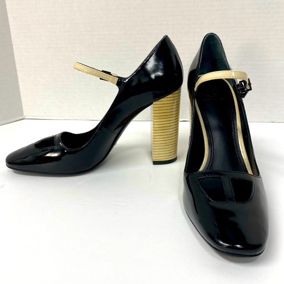 Tory Burch Faye Black Dark Ivory Patent Leather Block Pump Heels Size 7 - Picture 2 of 15